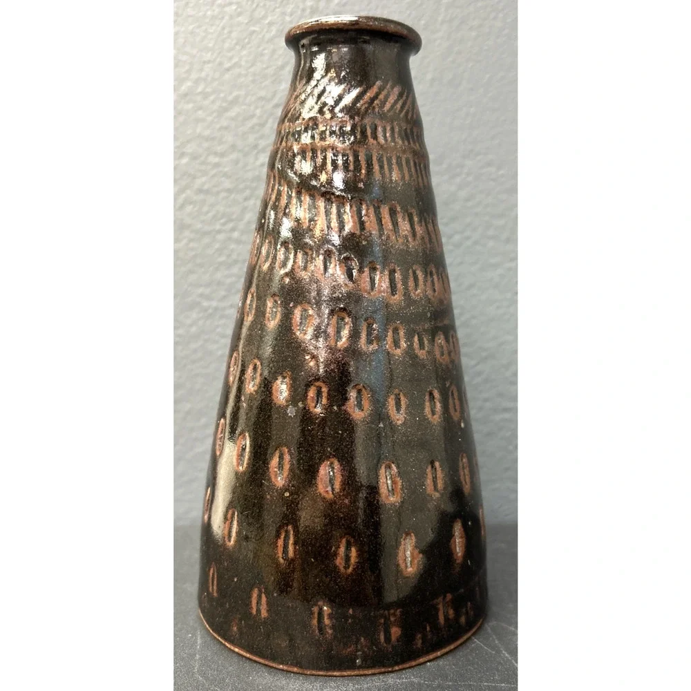 Signed Vintage Handmade Brown Textured 6 Inch Bud Vase Bottle Pottery